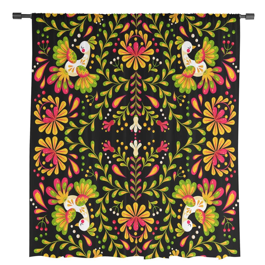 Mexico Geometric Abstract Flower Bird Chiffon Sheer Curtains for Living Room Bedroom Home Decoration Window Voiles Tulle Curtain