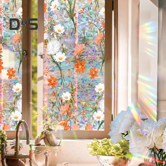 Folia Prywatnościowa na Okno Tęczowa Wodoodporna Statyczna Przyczepność Bez Kleju Naklejka ze Wzorem Kwiatowym do Domowych Szklanych Okien Dekoracja Sypialni Salonu