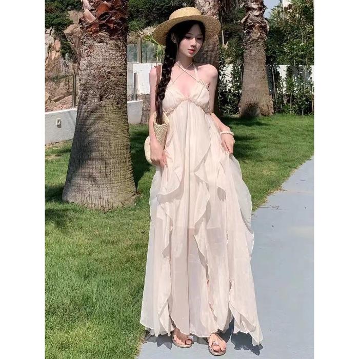 French irregular ruffle edge suspender dress design sense temperament waist sweet age reduction chic fairy dress S абрикосовый