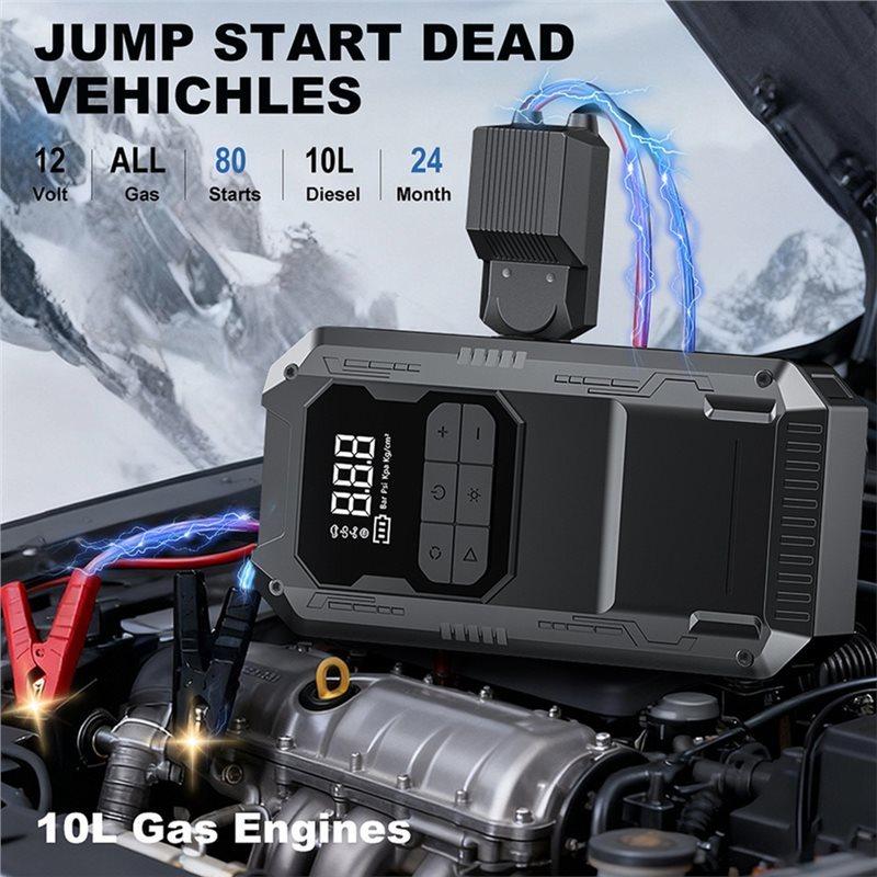 AT92-Car Emergency Battery Booster With Intelligent Clamp, Tire Inflation, And Jump Starter Functionality