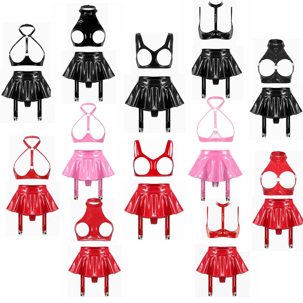 Women Shiny Leather Lingerie Set Cupless Bra Top with Ruffle Built-in Thongs Garter Mini Skirt for Party Clubwear Sexy Outfits