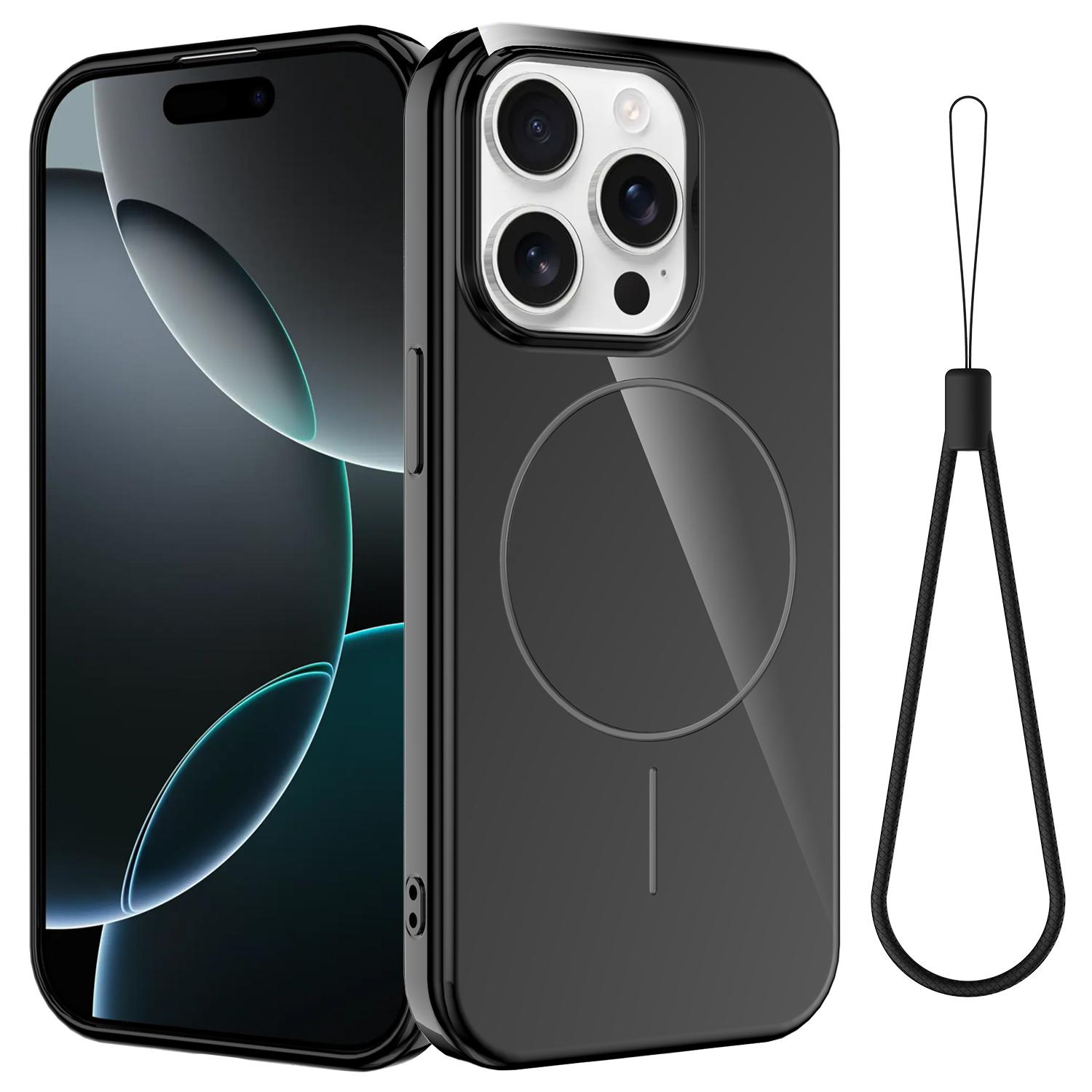 

For iPhone 14 Pro Magnetic Case Compatible with MagSafe TPU Phone Back Cover with Lanyard Black