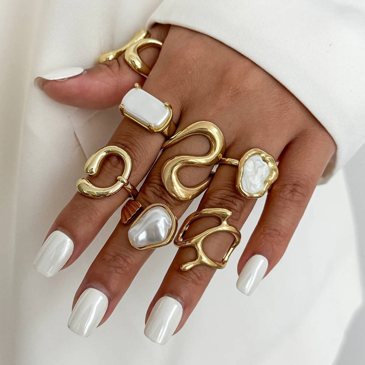 Salircon 7Pcs/set Punk Geometric Irregular Metal Open Rings for Women Trendy Exquisite Imitation Pearl Knuckle Ring Jewelry Gift