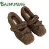 Bow Fur Square Toe Women Loafers Flats Warm Shoes Woman 2024 Trend Designer Plush Snow Boots Winter Casual Wedges Zapatos Mujer