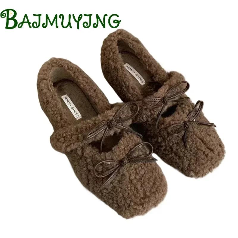 Bow Fur Square Toe Women Loafers Flats Warm Shoes Woman 2024 Trend Designer Plush Snow Boots Winter Casual Wedges Zapatos Mujer