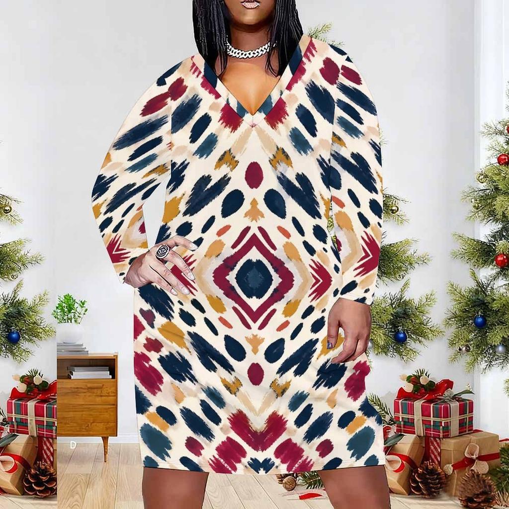 Women Plus Size V Neck Long Sleeve Geometric Printed Fitted Knee Length Dress