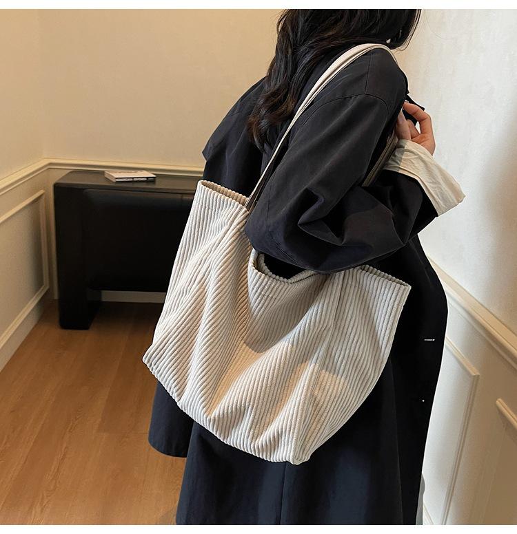 Retro Kord Große Kapazität Tragetasche - Einfache, einfarbige Damen Schultertasche