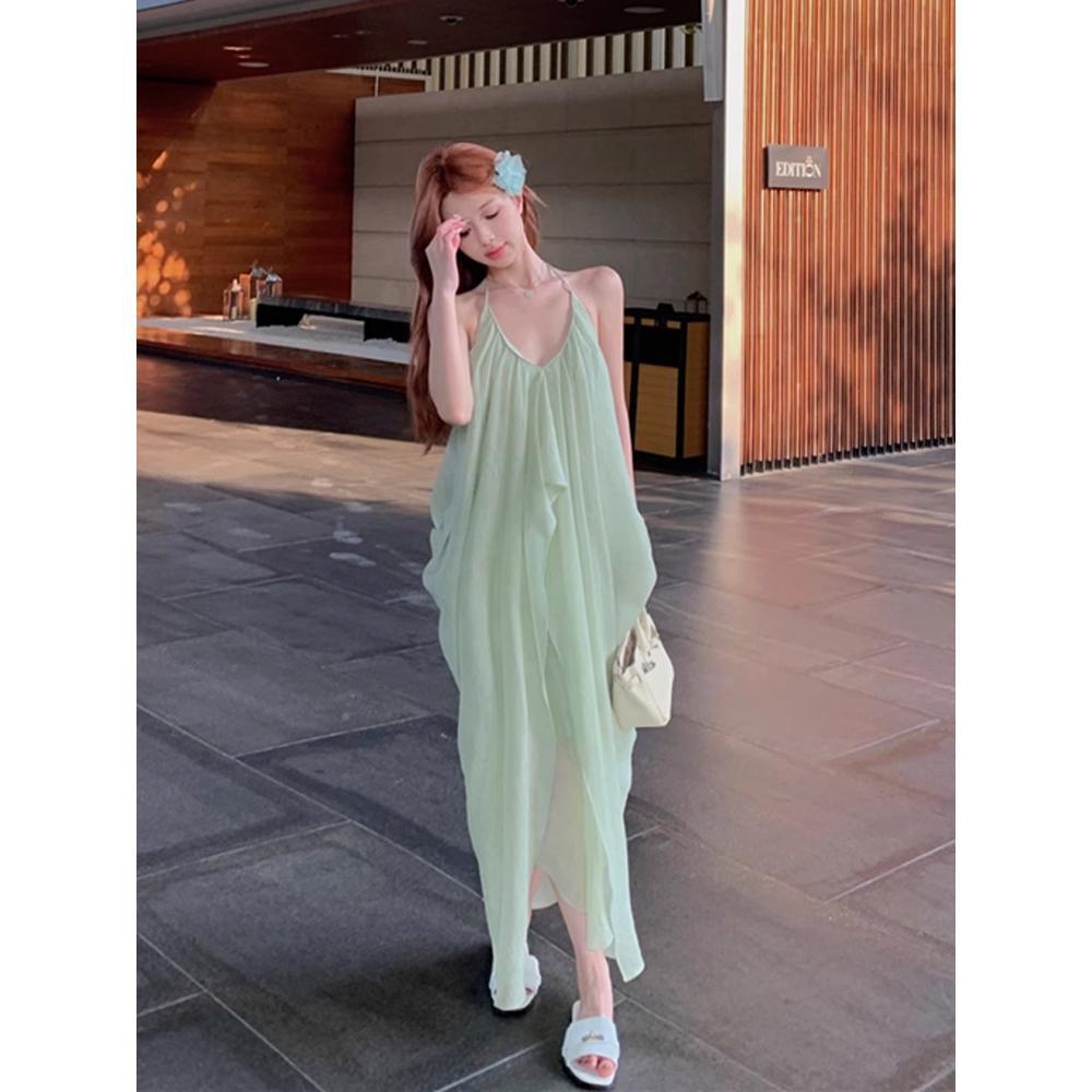 Pure Desire Backless Neck Sling Dress Women's Summer Vacation Pleated Long Dress Green Loose A-word Skirt