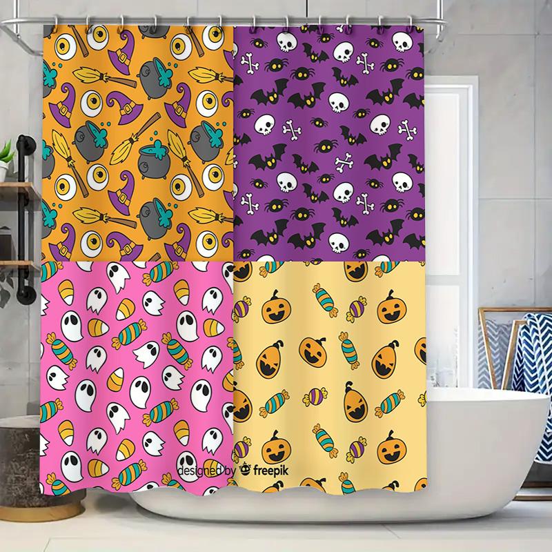 

Halloween-Themed Shower Curtains Made From Polyester Fabric With Printed Patterns For Kids Bathrooms 4 Pack Set (Pink Yellow Ora 90x180cm