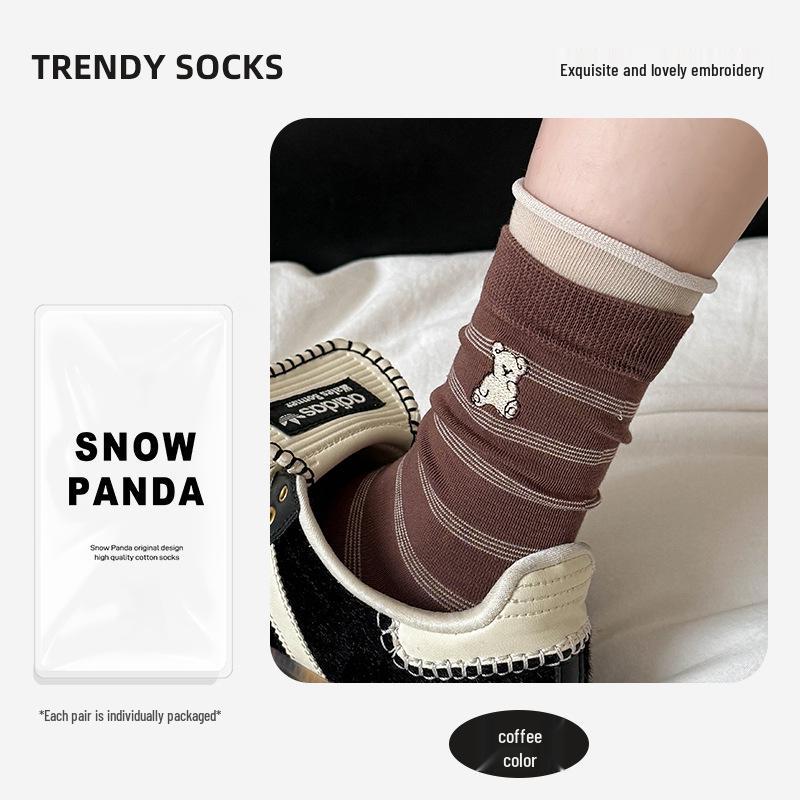 "Polka Dot Cartoon Bear Mid-Calf Women’s Socks - Korean & Japanese Style, Striped Color Block, Perfect for Spring & Autumn”