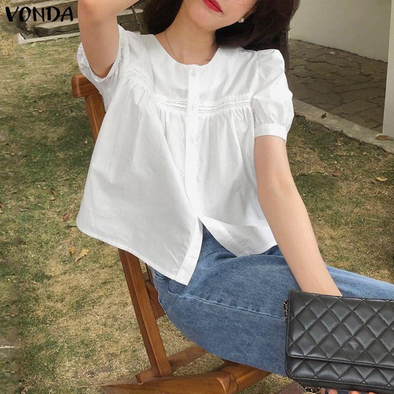 VONDA Wemen Casual Round Neck Puff Sleeve Embroidery Hem Buttons Blouse