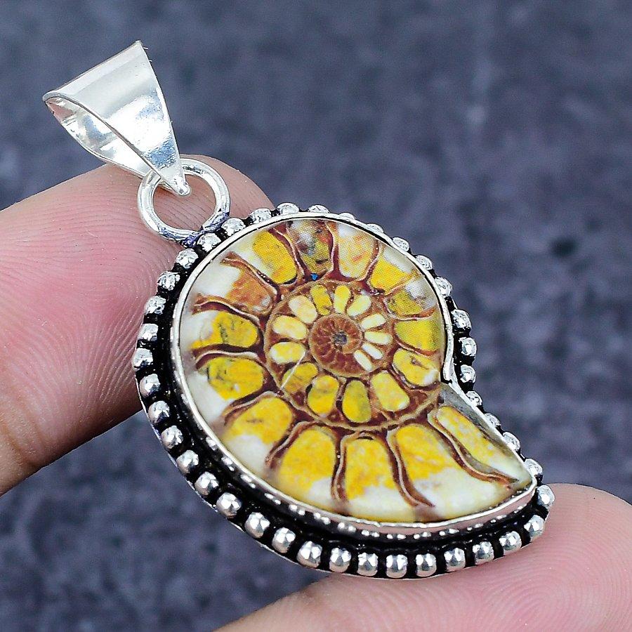 Natural Ammonite Fossil Gemstone 925 Sterling Silver Jewelry Pendant 1.81" Y4K10