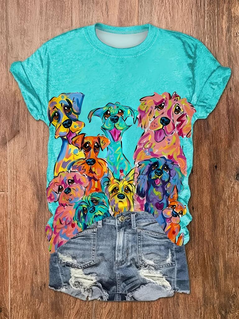 Damen Niedliche T-Shirts Rundhals Kurzarm Cartoon Hund Druck T-Shirt Damen Outfits Lässig Tägliche Kleidung