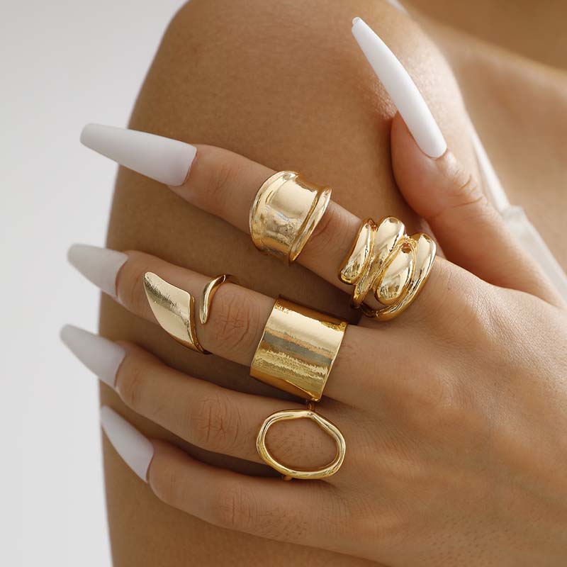 5Pcs/Set Gold Color Geometric Hollow Open Rings for Women Exaggerated Metal Smooth Irregular Adjustable Rings Jewelry Set 2026
