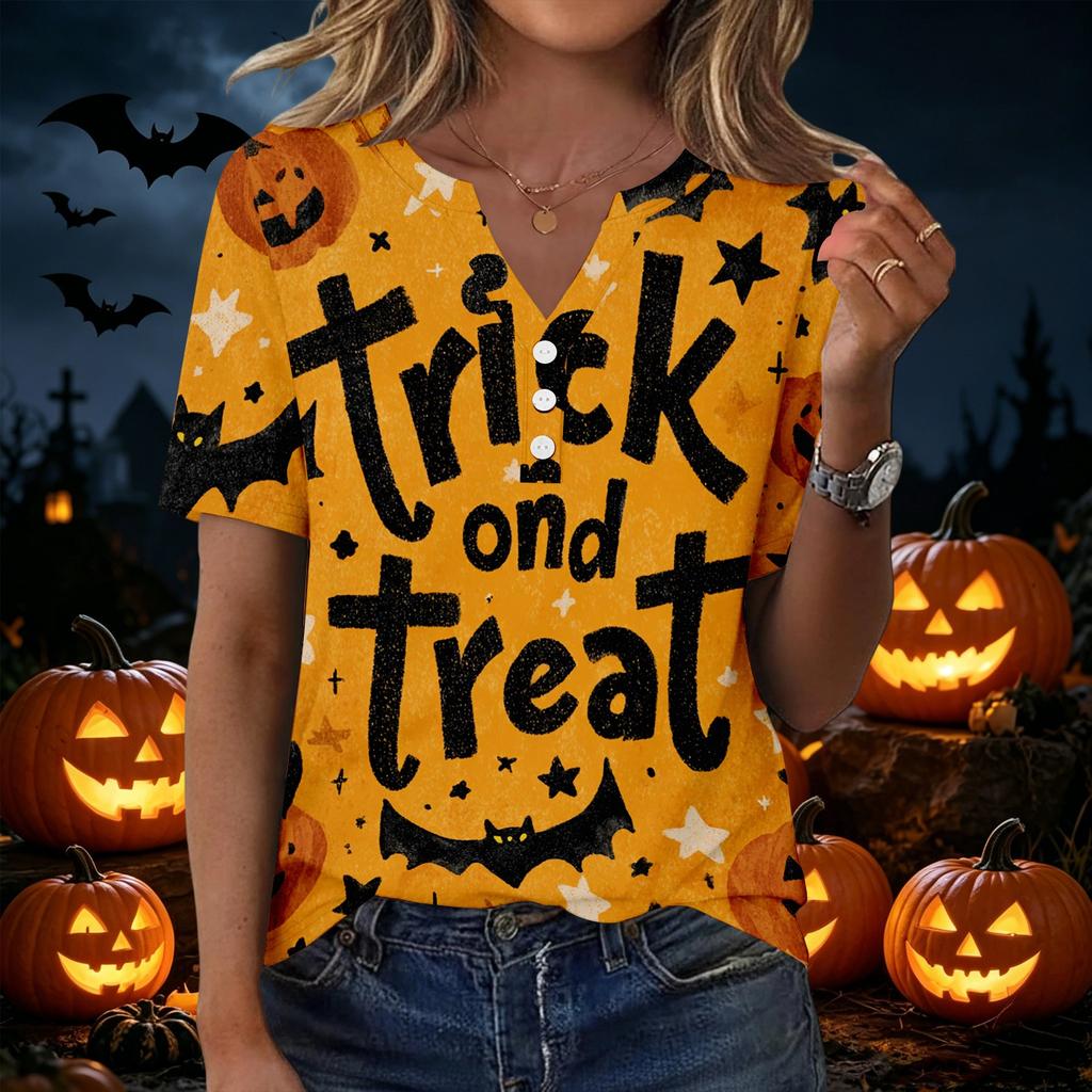 Women's Casual Halloween Print V Neck Short Sleeve Button Down T Shirt