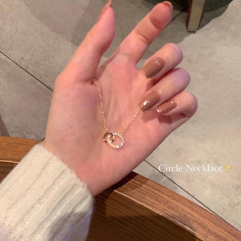 1 Pcs Geometric Titanium Steel Necklace with Rhinestone Double Rings Clavicle Chain Gift Women's Girls' Elegant Accessories