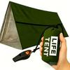 Portable emergency survival tent, snow-proof warm shelter, tubular rainproof fabric, army green tough guy style, with whistle and paracord storage