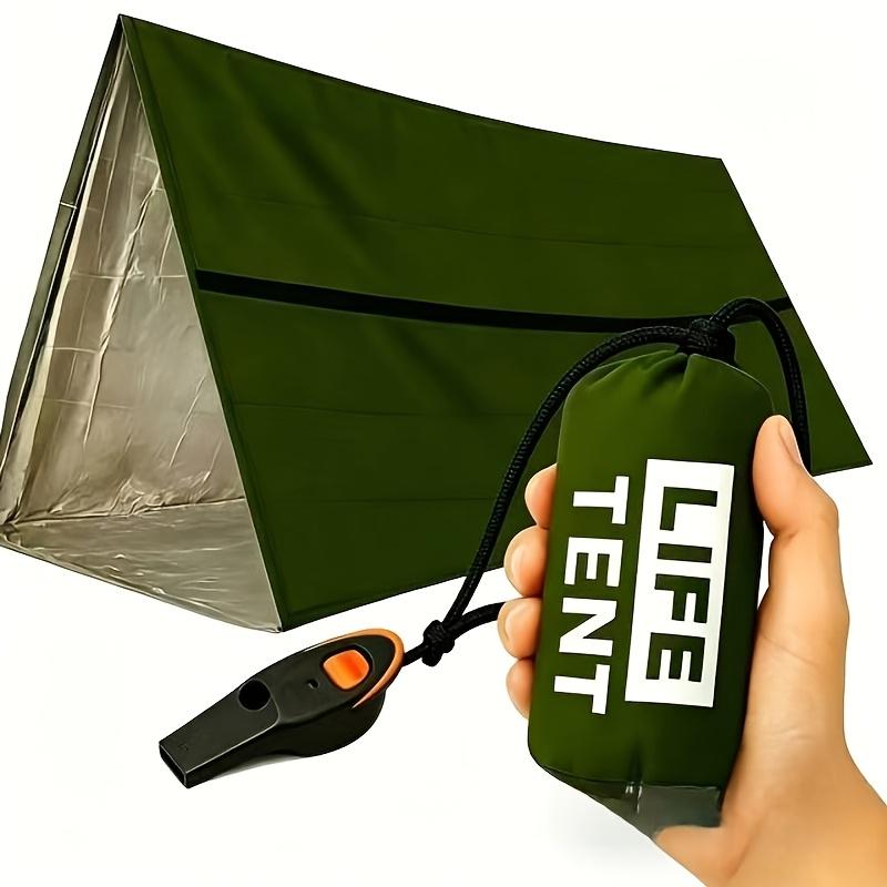 Portable emergency survival tent, snow-proof warm shelter, tubular rainproof fabric, army green tough guy style, with whistle and paracord storage