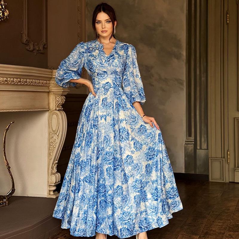 2024 Summer Women's V-Neck Lantern Sleeve High Waist Print Long Dress