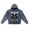 DTG Print Knitted Denim Zip-Up Hoodie Destruction Brother Print Zipper Hoodies  