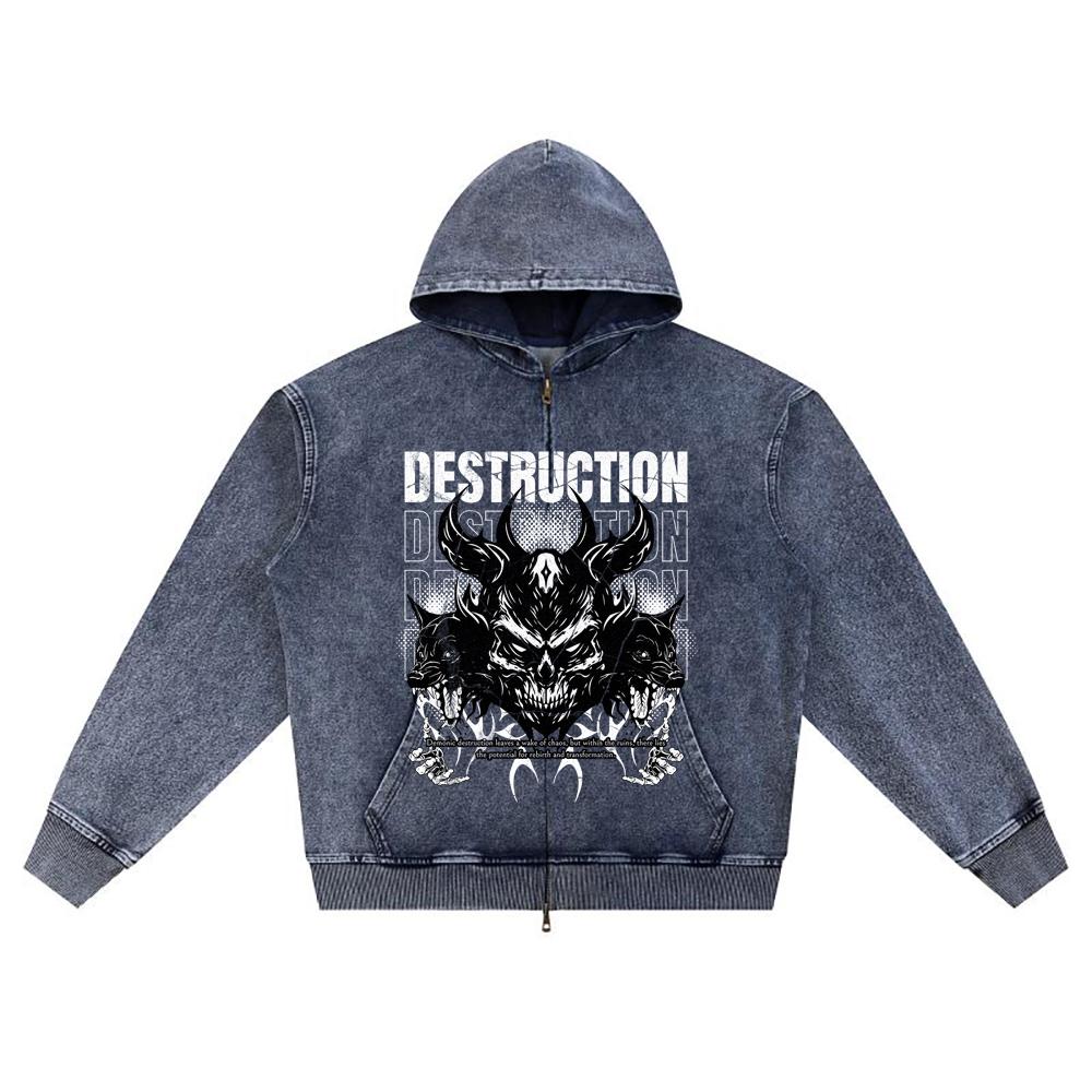 

DTG print Knitted Denim Zip-Up Hoodie Destruction Brother Print Zipper Hoodies XL темно-синий
