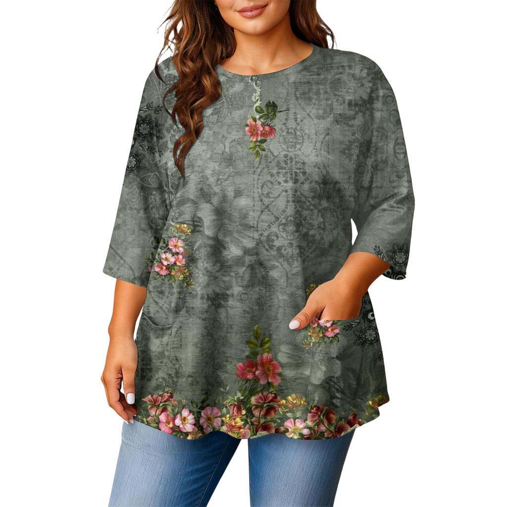 Modeblus för damer, större storlekar, med tryck, kortärmad, för elegant pendling och fritid