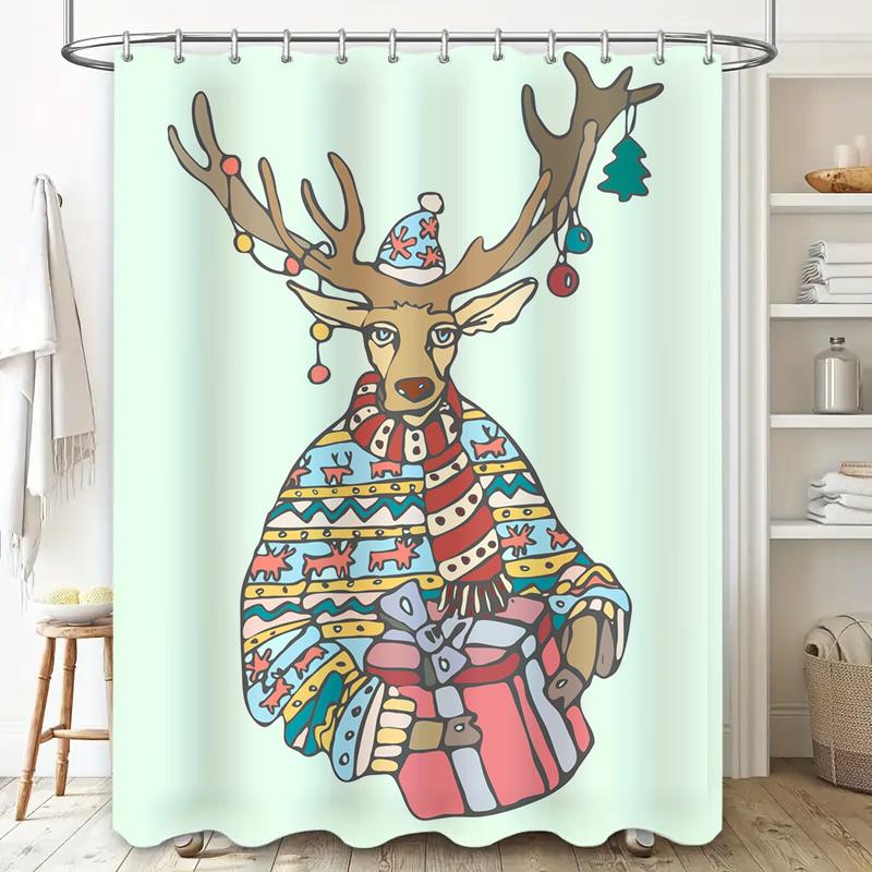 Tu Cute Reindeer Christmas Shower Curtain Festive Holiday Forest Animal Bathroom Decor Waterproof Home Decor Gift Idea Holiday S