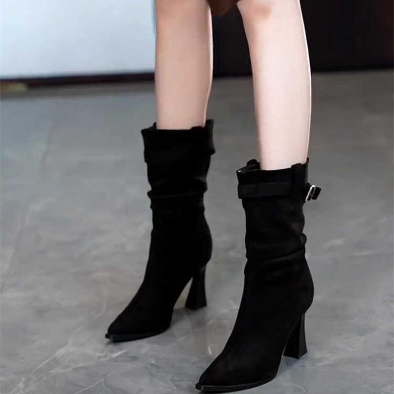 Vintage Suede High Heel Women Slim Ankle Boots Autumn Winter Female Elegant Short Booties