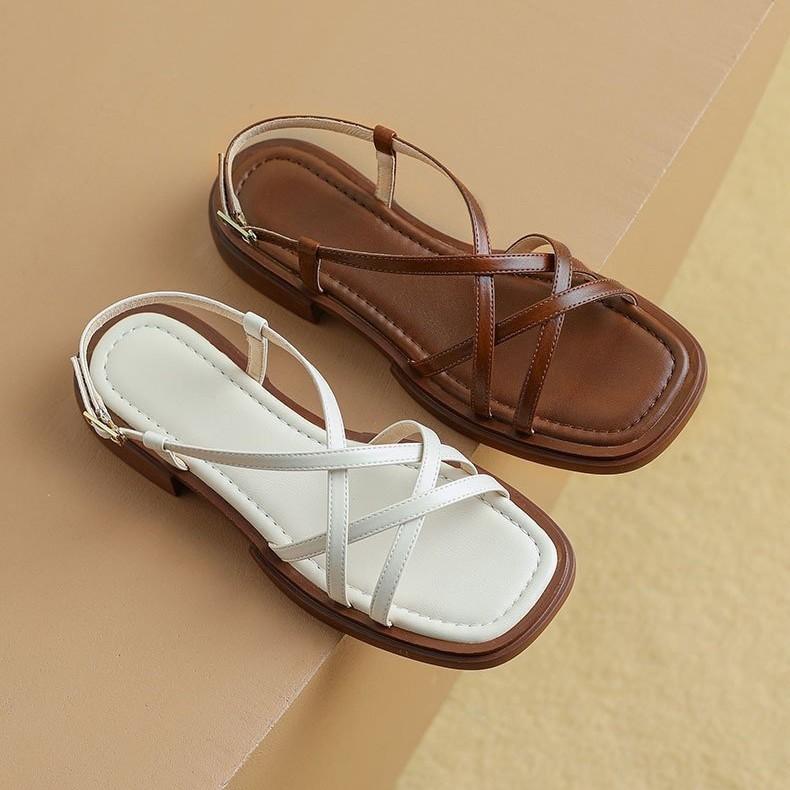 Shoes Women's New Art 2025 Retro Mid-heel Summer Brown Sandals Hollowed Thick Cross Heel Thin Strap Open-toed Roman