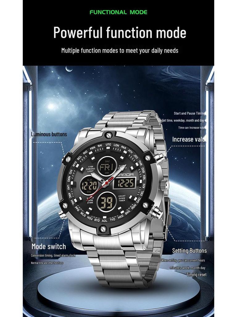 Sanda Dual Movement 5ATM Waterproof Multifunctional Steel Band Men's Watch with Alarm Clock