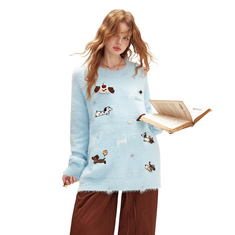 

UNIFREE Cartoon Puppy Embroidered Relaxed Fit Pullover Sweater with Brooch M