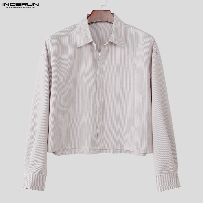 INCERUN Oversized Men Casual Loose Long Sleeve Striped Print Short Shirts Tops