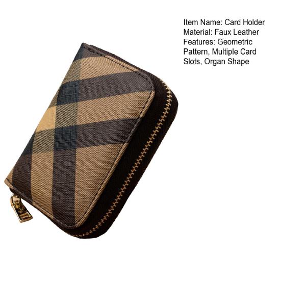 Card Holder Smooth Faux Leather Retro Style Organ Shape Geometric Pattern Multiple Card Slots for ID Drivers License Zipper
