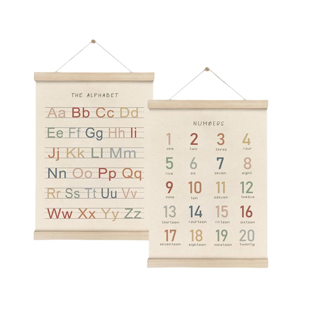 2Pcs Alphabets and Number Learning Wall Hanging Decors Set Wood Frame Nursery Poster Hangers Frame Set for Toddlers