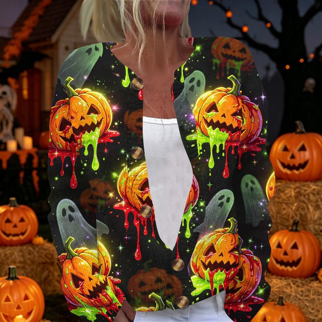 Women's Long Sleeve Knit Cardigan Button Front Sweater Halloween Themed Print Casual Lightweight Outerwear for Seasonal Wear