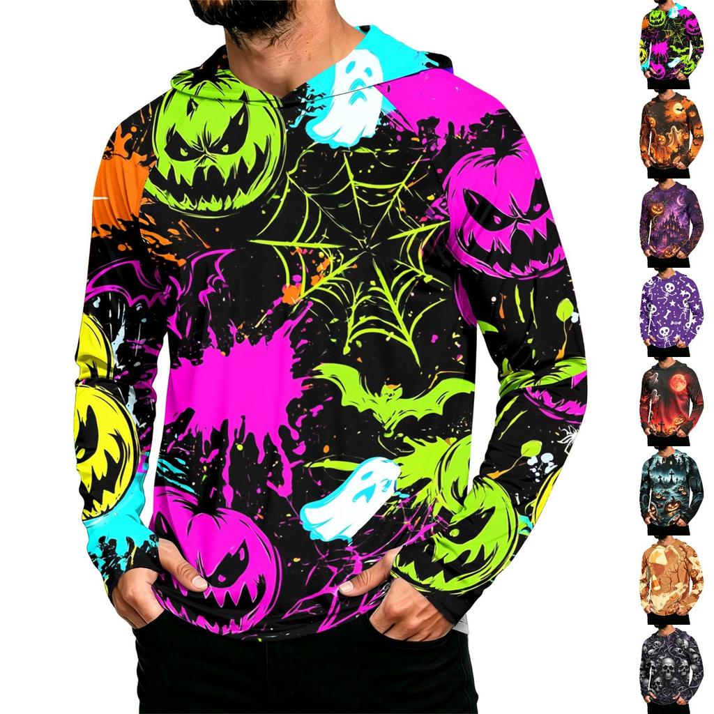 Men's Long Sleeve Hoodie Halloween Print Lightweight Pullover for Casual Wear