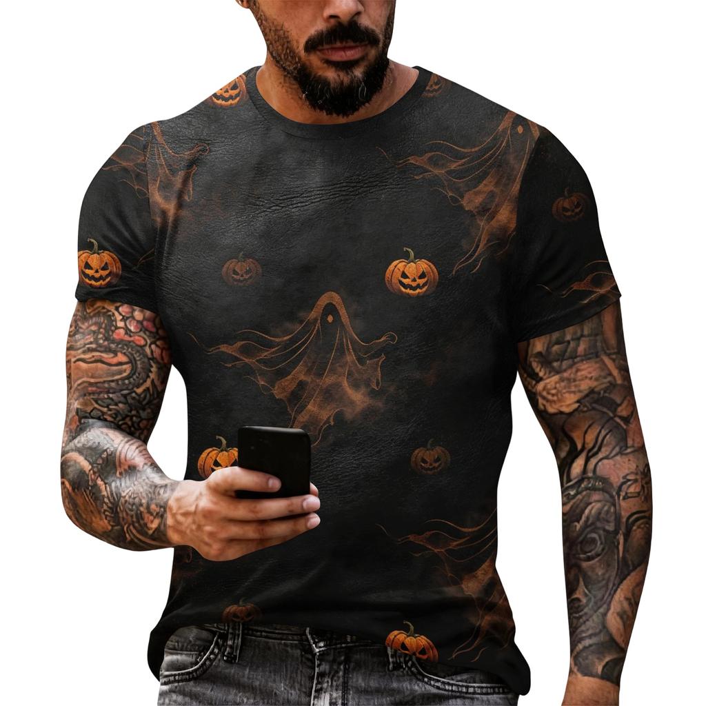 Men's Halloween Print Short Sleeve T Shirt Loose Casual Summer Daily Top Crew Neck Comfortable Fit for Outdoor Indoor Wear