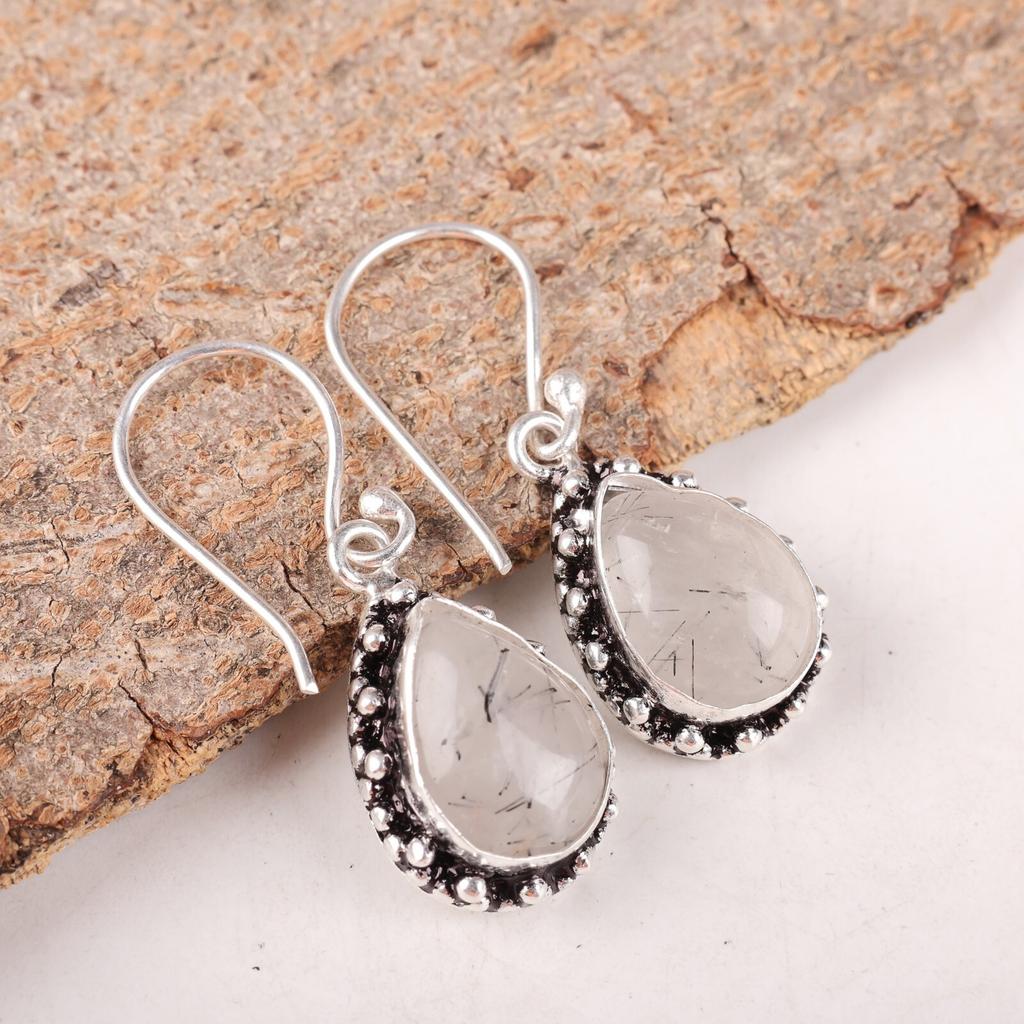 Natural Black Rutile Gemstone 925 Sterling Silver Jewelry Earrings 1.41" For Her EE-97-29
