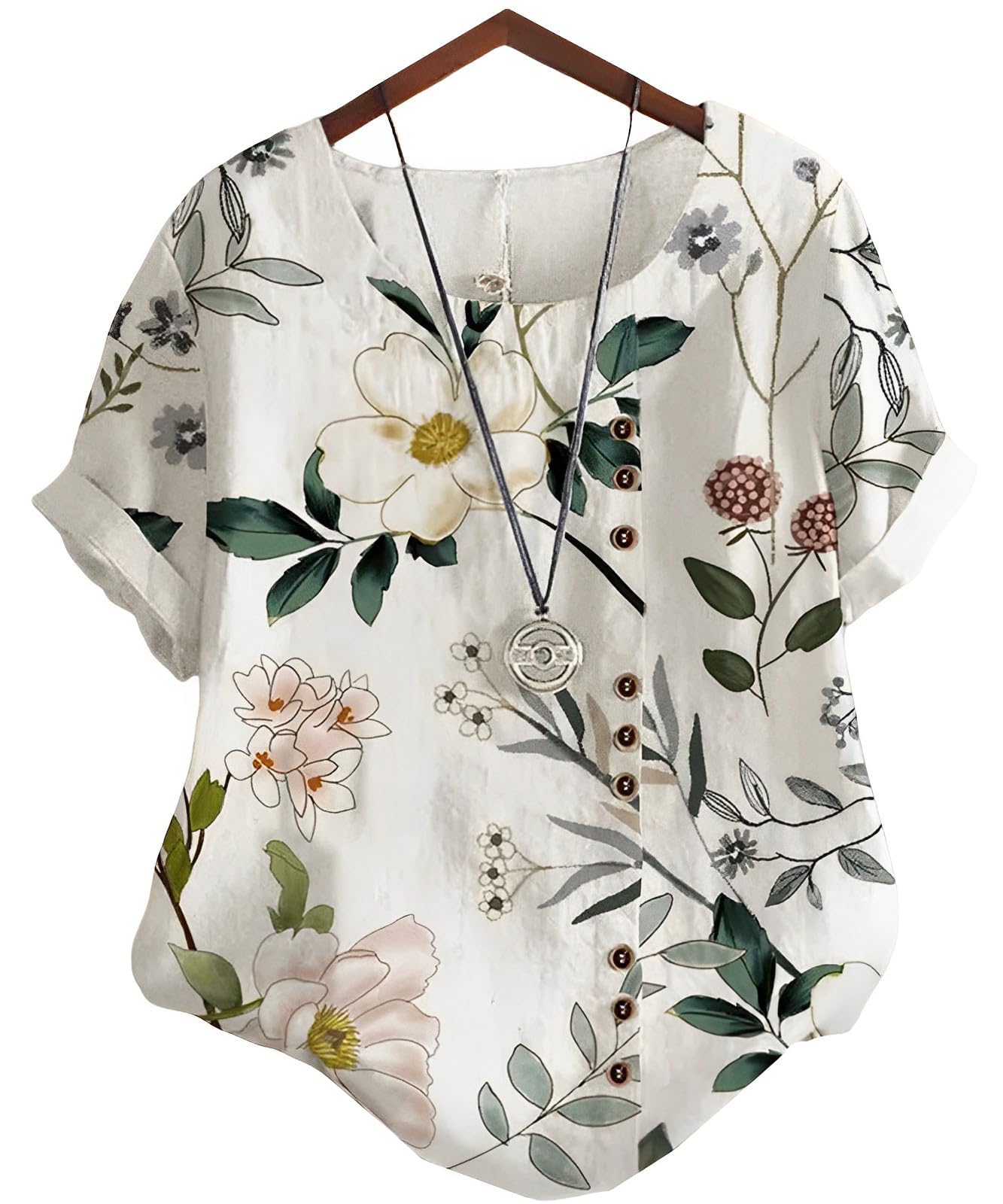 

Second Roots Botanical Blouse with Floral and Leaf Short Decorative Innerwear Remote Plus Round Business Easy to Kimono Loose and Print, Sleeves, белый