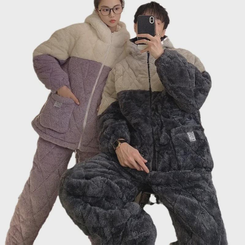 Conjunto de pijama de franela acolchada para pareja: Chaqueta con cremallera y forro polar coral grueso para el invierno