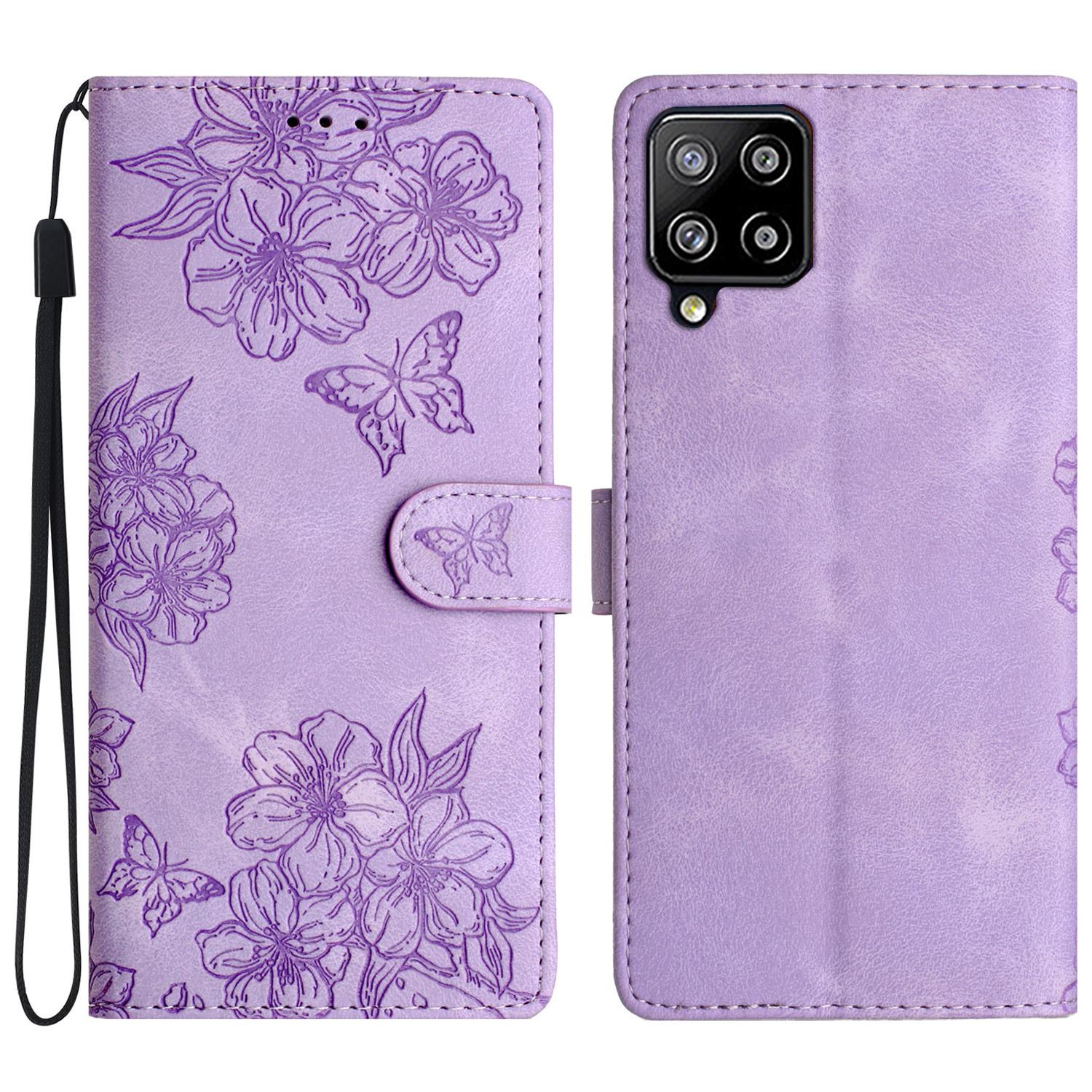 

For Samsung Galaxy A22 4G (EU Version) Case Sakura Butterfly Imprint Leather Wallet Phone Cover Purple