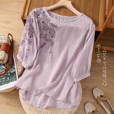 Women's Linen Floral Embroidery Blouse Loose 3/4 Sleeve Lace Trim Casual Top