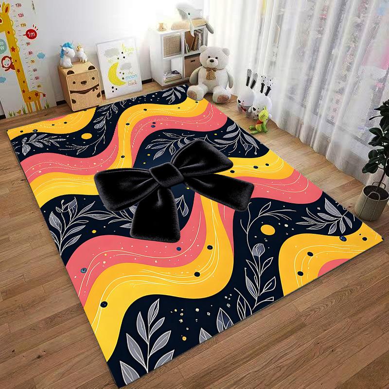 "Colorful Wave Pattern Carpet with Black Bow and Leaf Design" Suitable for use as an anti-slip for living room bedroom sofas