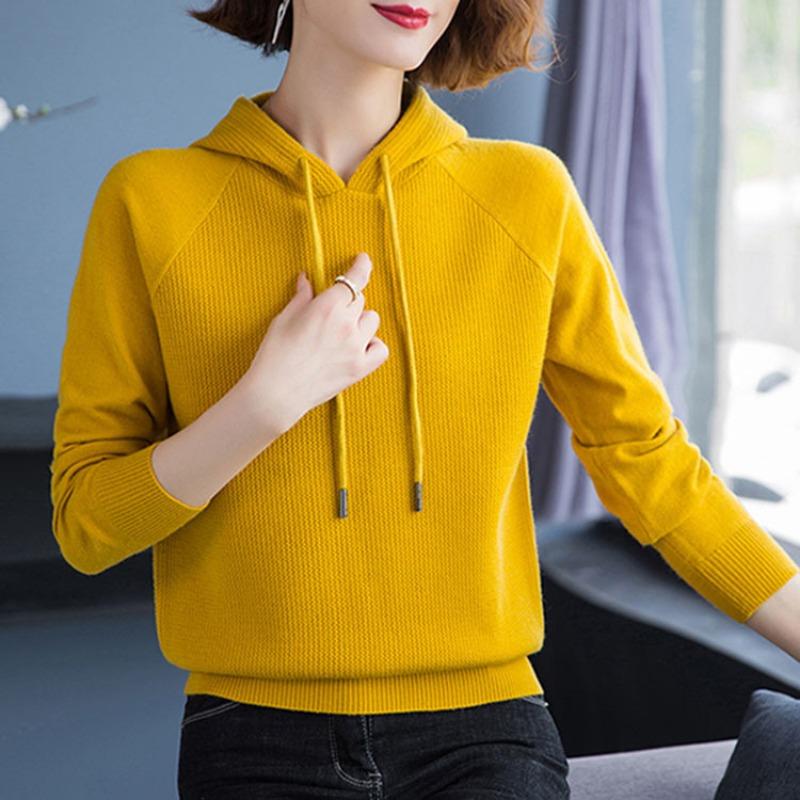 Autumn Winter Hooded Knitted Sweater for Women Long Sleeved Pullover Style Casual Sweater for Women As A Base Inner Layer
