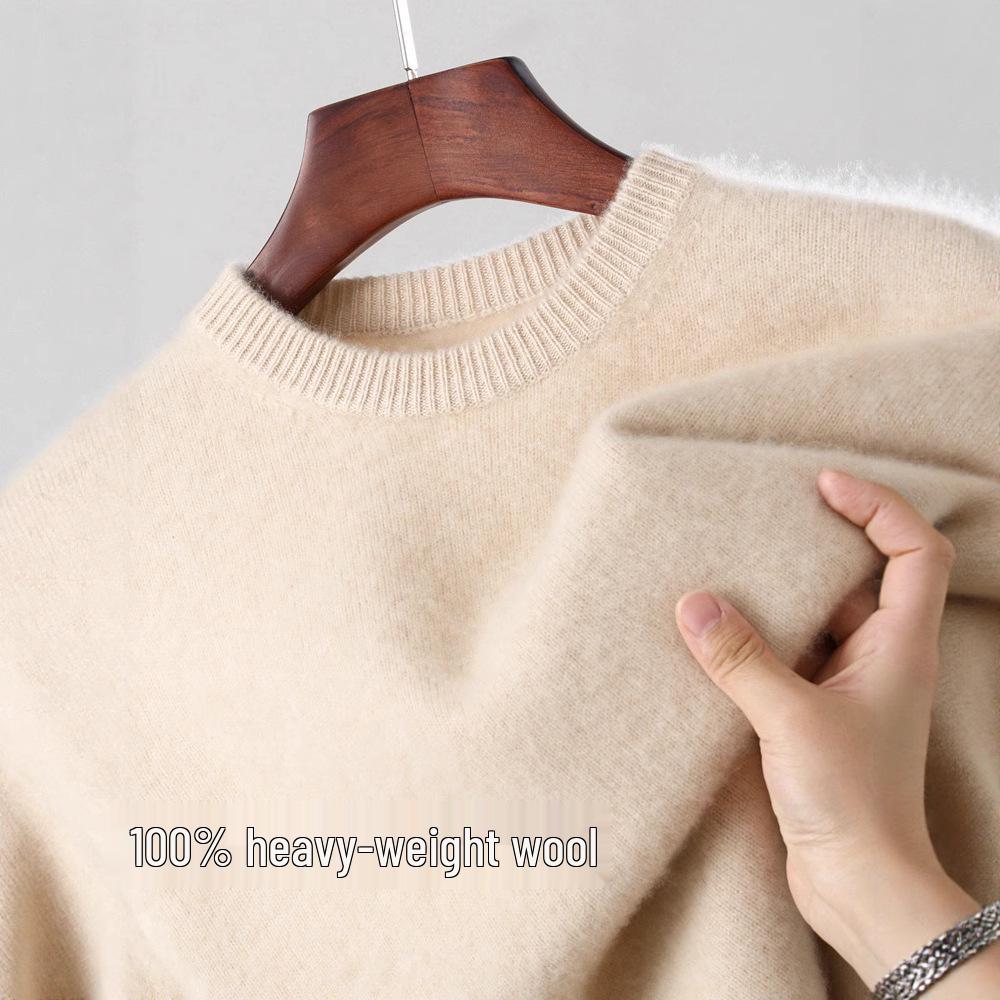 Men's 100% Wool Round Neck Loose Casual Sweater - Thickened Long Sleeve Knitwear