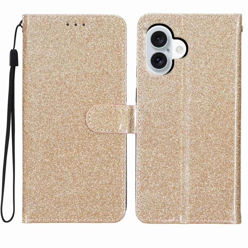 For iPhone 17 Wallet Case Glitter Anti-Scratch Leather Stand Phone Cover with Strap