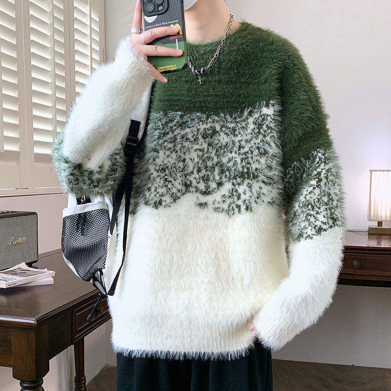 Men's Color Block Round Neck Wool Sweater - Soft, Thick & Warm Trendy Knitwear for Autumn & Winter