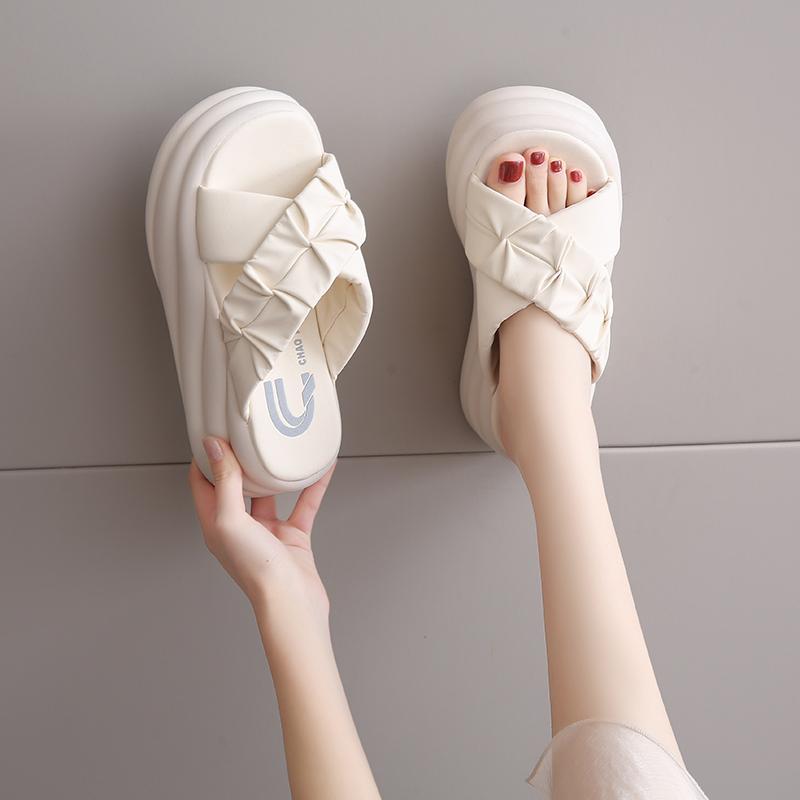 fashion 7CM Heels Chunky Slippers for Women Open Toe High Platform Leather Sandals Woman 2024 New Summer Thick Bottom Beach Flip Flops