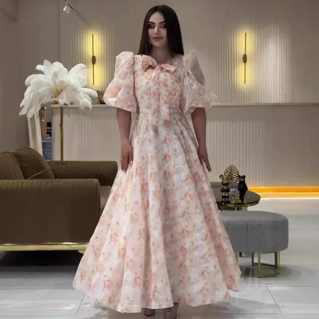 Vestido Largo Dulce Francés de Verano para Mujer 2024 con Manga Abullonada y Cintura Entallada