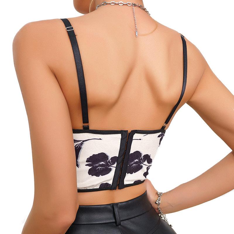 Female sexy hottie deep V steel rim fishbone waist suede flower print small vest halter top